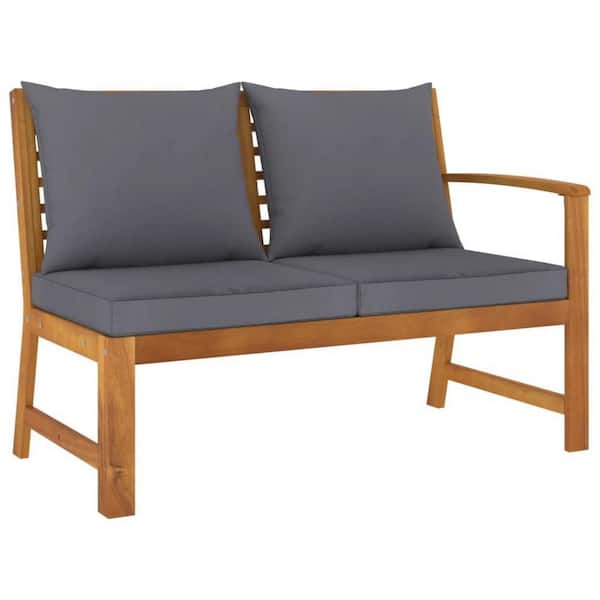 23.8 in. 2-Person Brown Wood Outdoor Bench with Gray Cushions