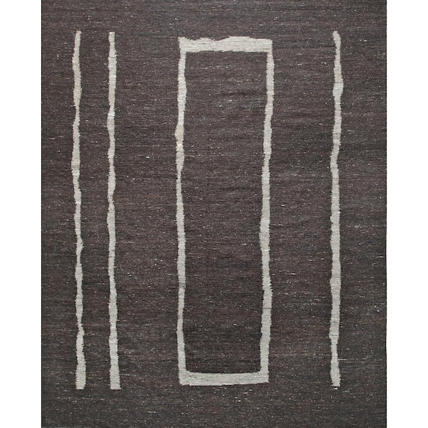 EORC Brown Hand-Woven Wool Contemporary Natural Wool Flat Rug 9 ft. x 12 ft. Area Rug