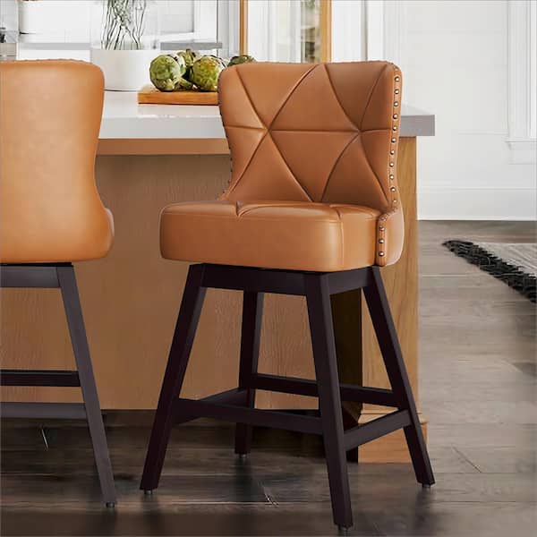 OrangeOne Hampton 26 in. Whiskey Brown Solid Wood Frame Counter Stool with Faux Leather Upholstered Swivel Bar Stool Set of 1