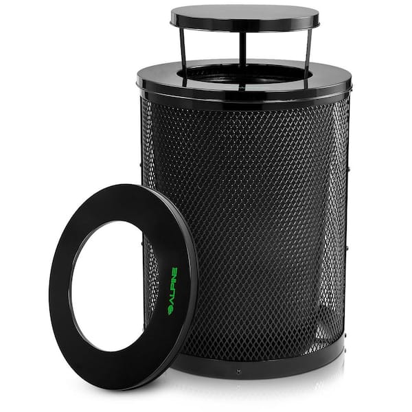 36 Gal. Black Steel Diamond Outdoor Commercial Trash Can with Rain Bonnet Lid and Removable Liner (2-Pack)