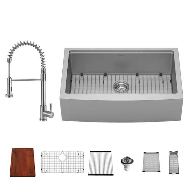 Karran All-in-One Stainless Steel 33 in. Single Bowl Apron-Front Farmhouse Workstation Kitchen Sink with Faucet and Accessories