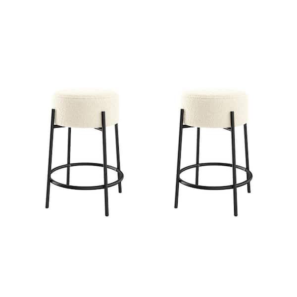 Isaac 24 in. Boucle White Backless Metal Counter Stool with Boucle Upholstered Seat Cushion and Metal Frame, Set of 2