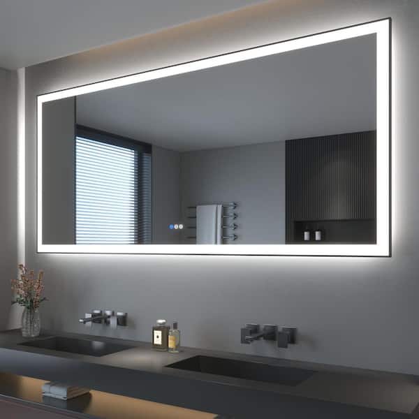 84 in. W x 40 in. H Rectangular Framed LED Anti-Fog Wall Bathroom Vanity Mirror in Black with Backlit and Front Light