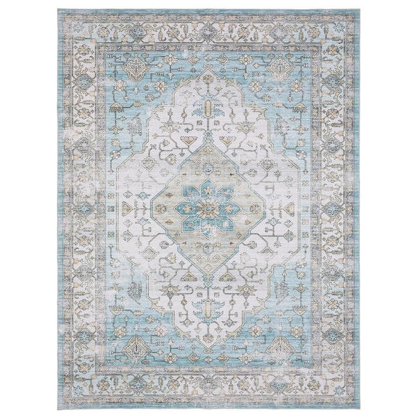 Home Decorators Collection Harmony Medallion Blue 3 ft. 6 in. X 5 ft. 6 in. Polyester Indoor Machine Washable Area Rug