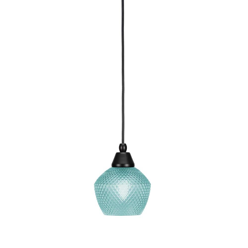 Bryson 6 in. 1-Light Matte Black Cord Pendant Light with 6 in. Turquoise Te