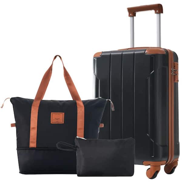 3-Piece Black Brown Carry-on and Hardshell Luggage Set with TSA Lock