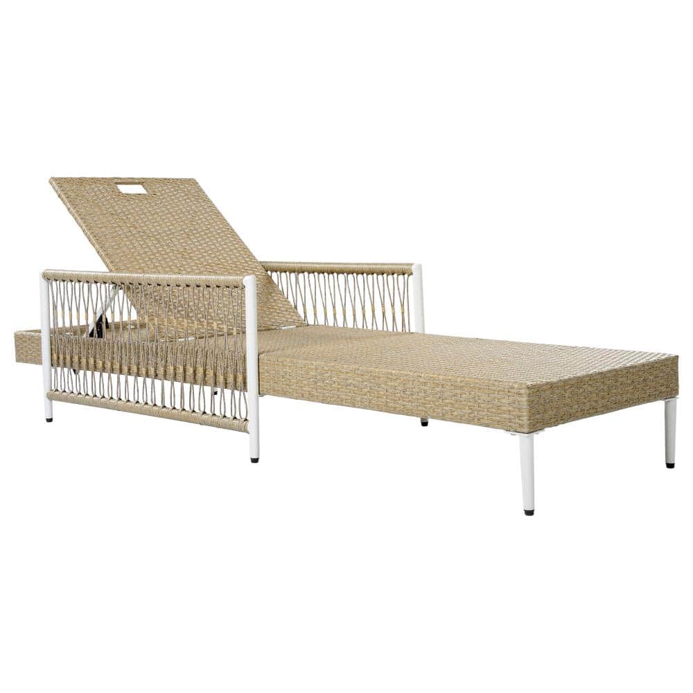 Beige PE rattan chaise lounge without cushions.