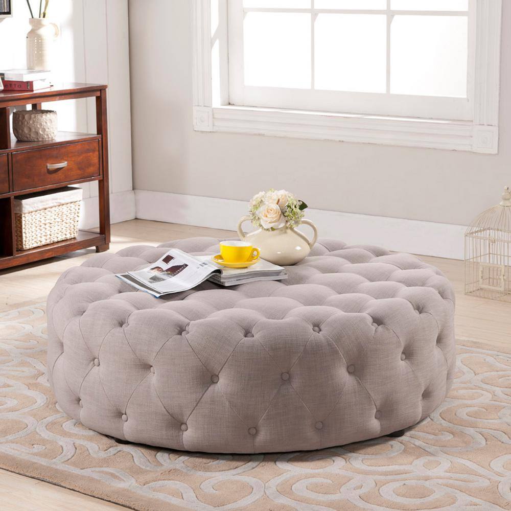 Cardiff Beige Linen 42" Round Tufted Ottoman