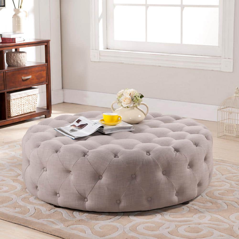Cardiff Beige Linen 42" Round Tufted Ottoman