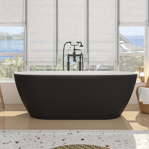 VANITYFUS 67 in. x 31 in. Stone Resin Flatbottom Solid Surface Non-Slip Freestanding Soaking Bathtub in Matte Black