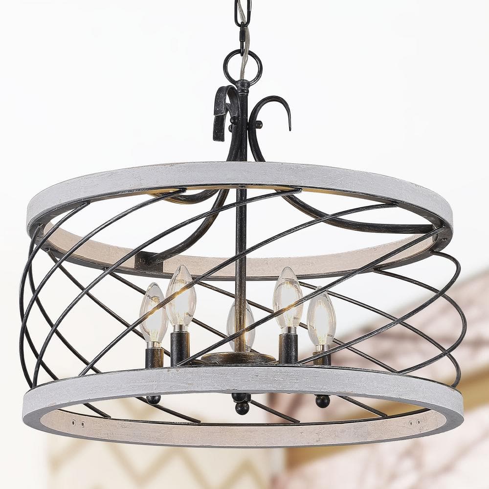 Distressed White and Black Wood Drum Chandelier with Adjustable Chain