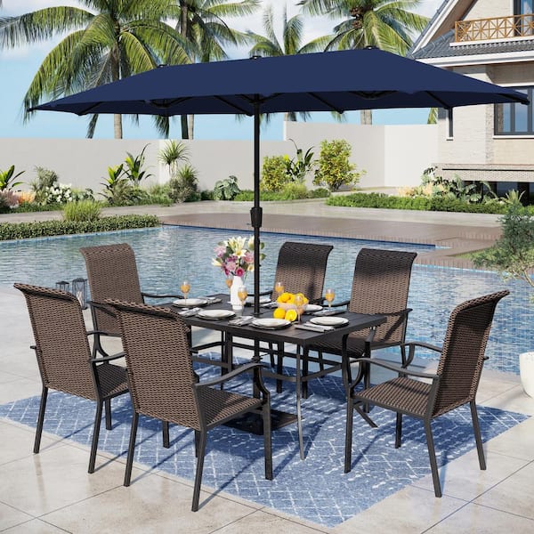 PHI VILLA 8-Piece Wicker Outdoor Dining Set with Umbrella and Rattan Chairs