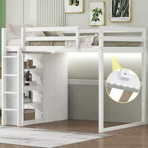 White Full Size Loft Bed with Wardrobe and Shelves