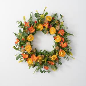 20" Artificial Orange and Yellow Blooming Ranunculus Wreath