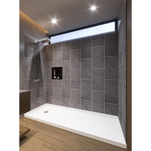 Slate Grey 60-in. x 32-in. x 83-in. 7 Pieces Alcove Shower Kit With Glue Up Shower Wall and Shower Pan Left Drain