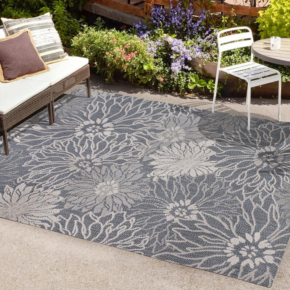 3' x 5' Navy and Gray Synthetic Floral Indoor/Outdoor Area Rug