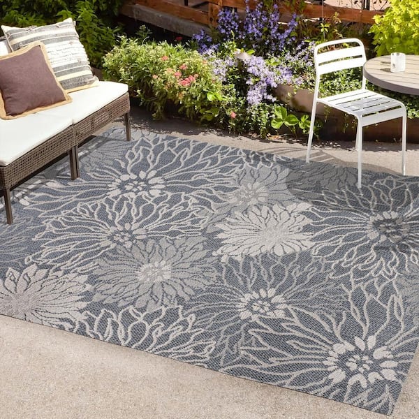 JONATHAN Y Bahamas Modern All-Over Floral Navy/Gray 8 ft. x 10 ft. Indoor/Outdoor Area Rug