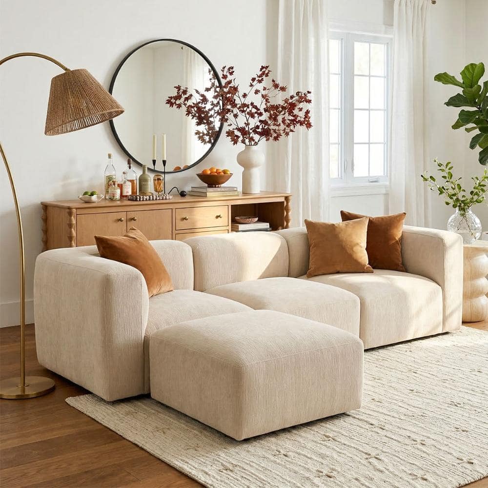 3-Seat Modular Sectional Sofa Couch with Ottoman, Beige Chenille Deep Seat Low Profile for Living Room price history on PriceWatchPro