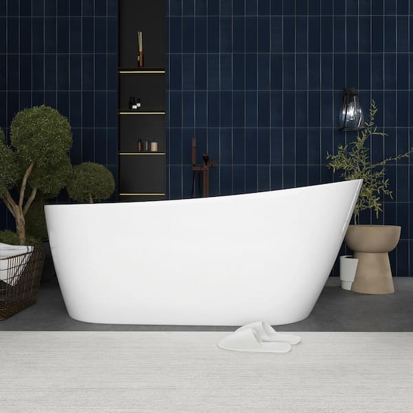 JimsMaison 60 in. x 29 in. Acrylic Single Slipper Flatbottom Freestanding Soaking Bathtub in White with Drain