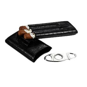 Lincoln Black Leather 3 Finger Cigar Case With Cigar Cutter