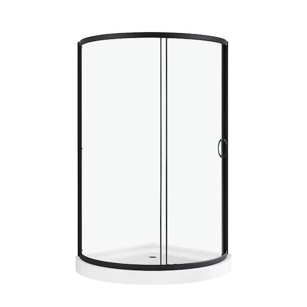Breeze 36 in. L x 36 in. W x 76.97 in. H Corner Shower Kit with Clear Framed Sliding Door in Black and Shower Pan