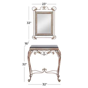 23 in. Bronze Extra Large Rectangle Metal Leaf Console Table with Mirror with Scrolled Legs (2- Pieces)