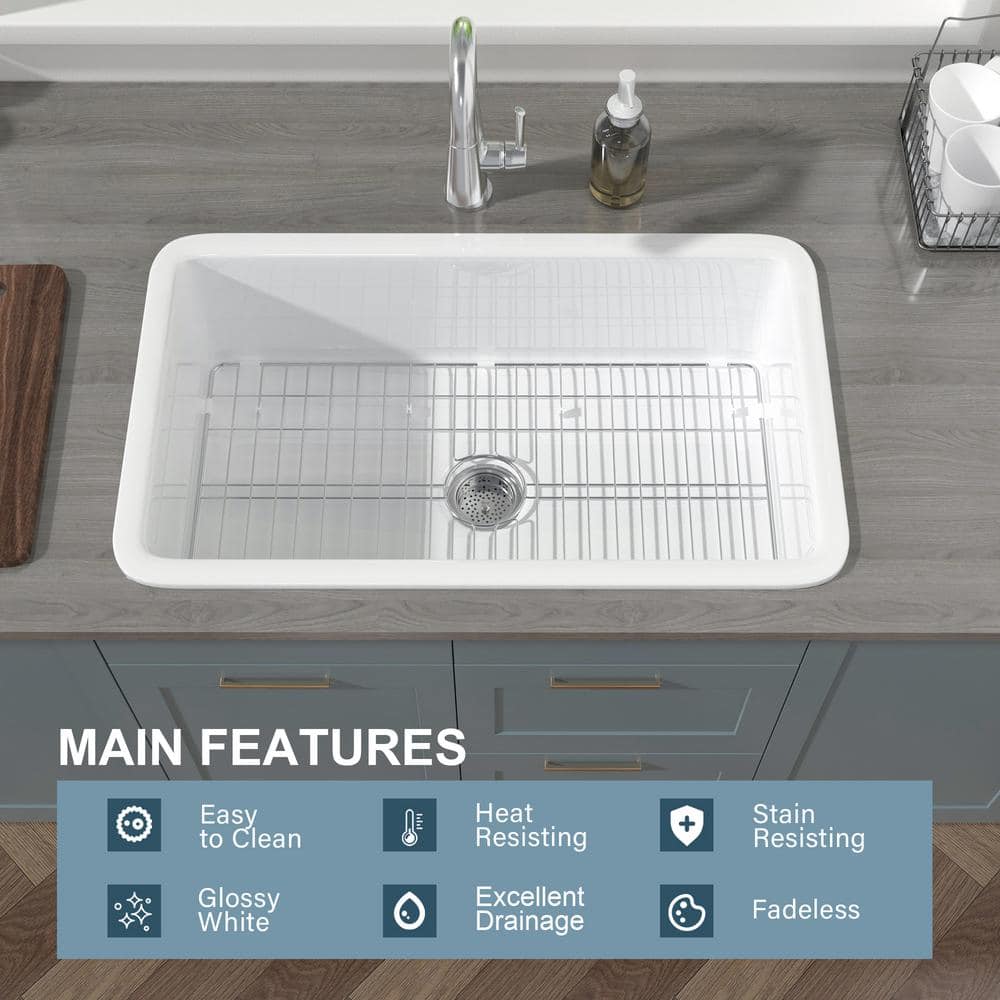32'' White Fireclay Single Bowl Undermount Kitchen Sink