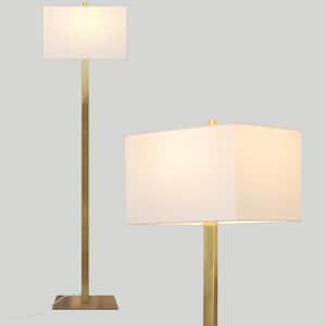 Stella 60 in. Antique Brass Mid-Century Modern 1-Light LED Energy Efficient Floor Lamp with White Fabric Rectangle Shade
