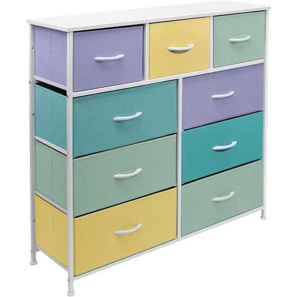 39.5 in. L x 11.5 in. W x 39.5 in. H 9-Drawer Multi Pastel color steel Frame Dresser Wood Top Easy Pull Fabric Bins