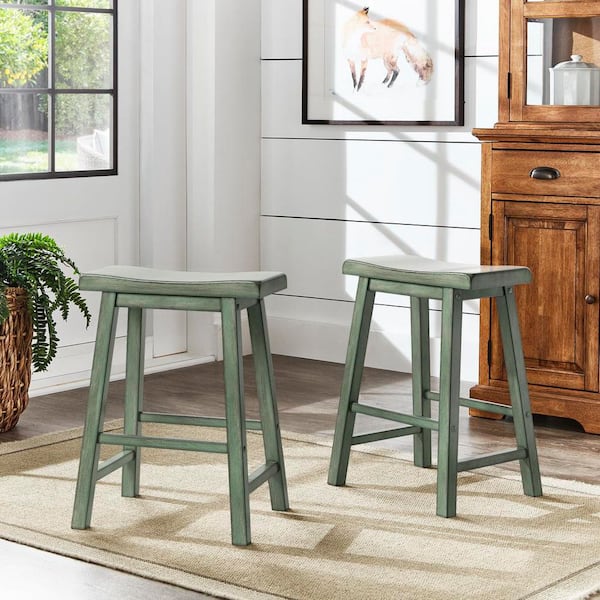 23.62 in. H Antique Sage Backless Wood Saddle Seat Counter Height Stools (Set Of 2)
