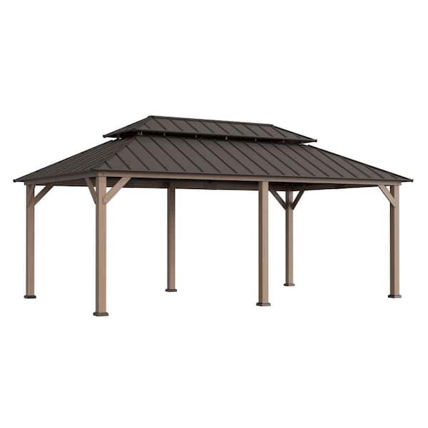 12 ft. x 20 ft. Outdoor Patio Steel Hardtop Gazebo, Cedar Framed Wooden Gazebo with 2-tier Metal Roof for Patios, Brown