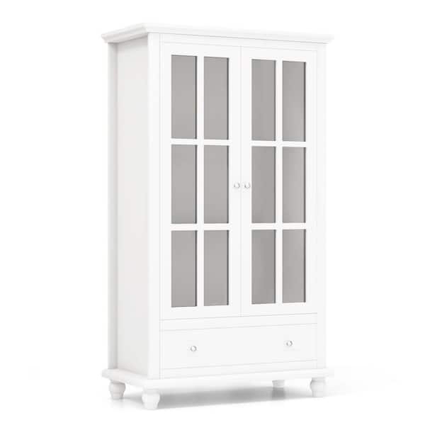 Costway 55 in. Tall White Wood 2-Shelf Standard Bookcase with Tempered Glass Doors Drawer Storage Bookshelf Organizer