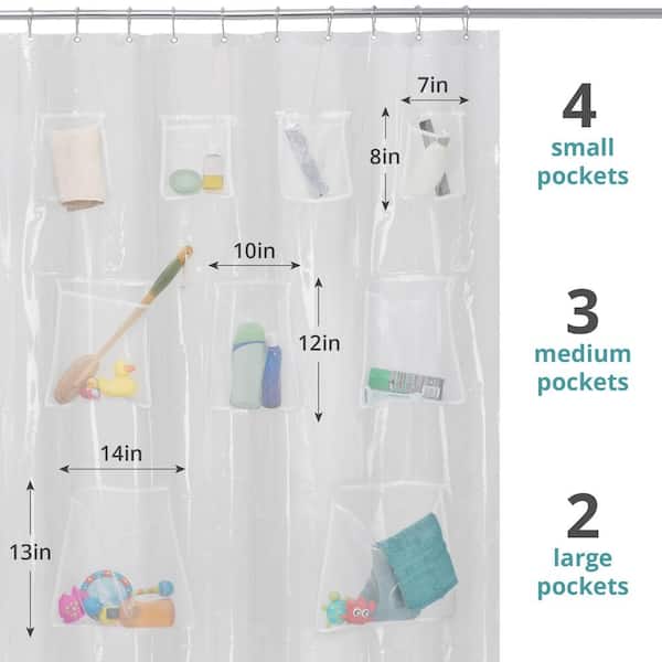 Waterproof PEVA Shower Curtain with 5 Pockets Quick Dry Bath/ Shower Curtain 