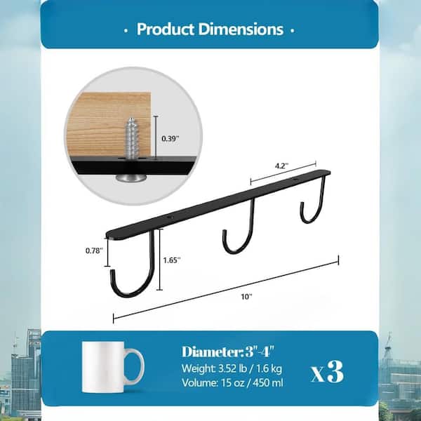 9 Hooks Black Mug Hook for and Coffee Mug Holder with Mugs and Under Cabinet, Coffee Cups and Kitchen Utensils, (3-Pack)