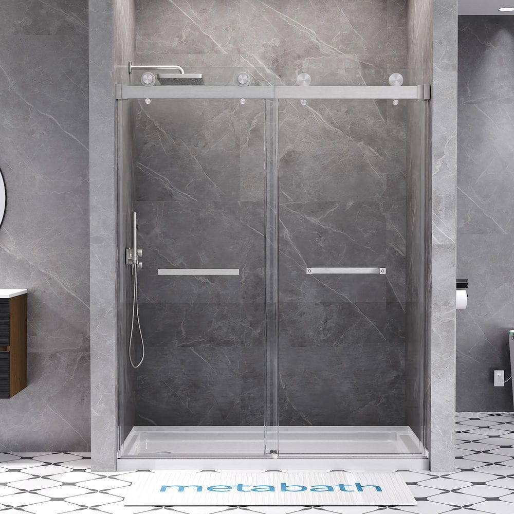 56 to 60 in. W x 76 in. H Double Sliding Frameless Shower Door in Brushed N