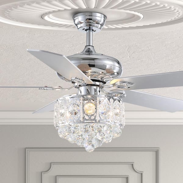 ANTOINE 50 in. Indoor Chrome Crystal Ceiling Fan with Light, Remote, Downrod and AC Reversible Motor