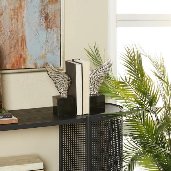 Silver Aluminum Wings Bird Bookends with Marble Base (Set of 2)