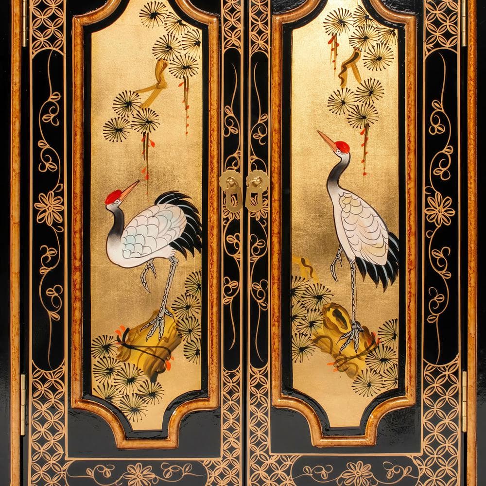 Gold Lacquer Hand-Painted Cranes Solid Wood Accent Cabinet