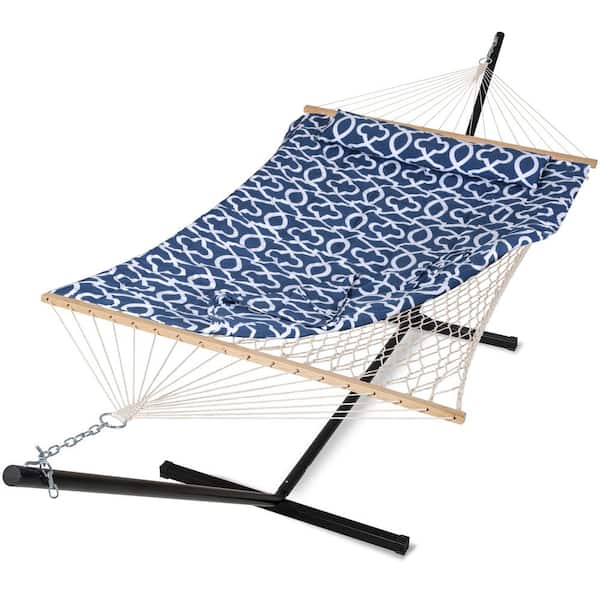 Atesun 10 ft. x 12 ft. Quilted Rope Hammock and 12 ft. Steel Hammock Stand with Detachable Pillow, Blue Pattern