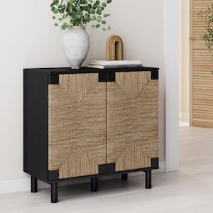 Beacon 31 in. Matte Black Wood Accent Cabinet with Seagrass Doors and Adjustable Shelf (Set of 2)
