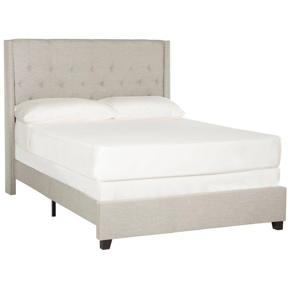 Transitional Beige Linen Full-Size Platform Bed with Nailhead Trim