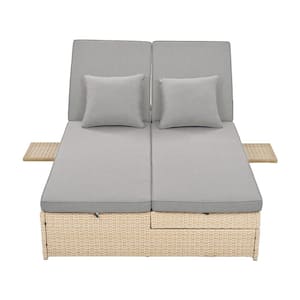 Brown Wicker Rattan Outdoor Double Sunbed Patio Reclining Chairs with Gray Cushion and Pillow