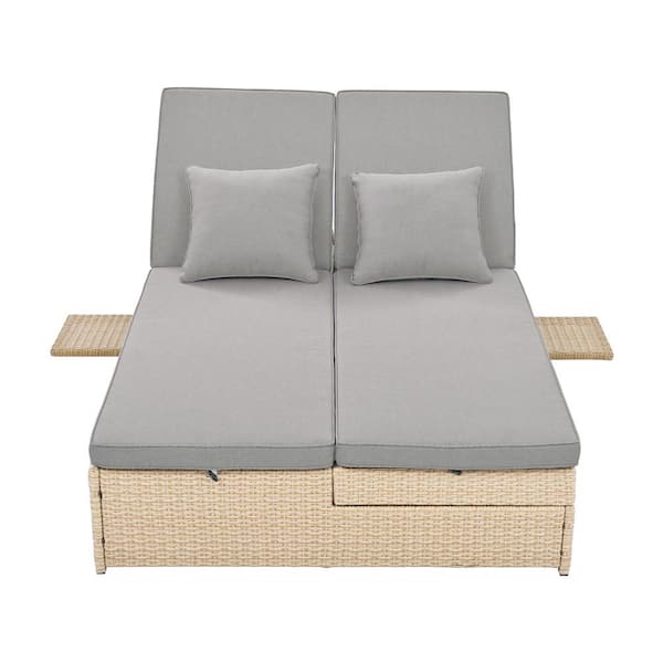 Polibi Brown Wicker Rattan Outdoor Double Sunbed Patio Reclining Chairs with Gray Cushion and Pillow