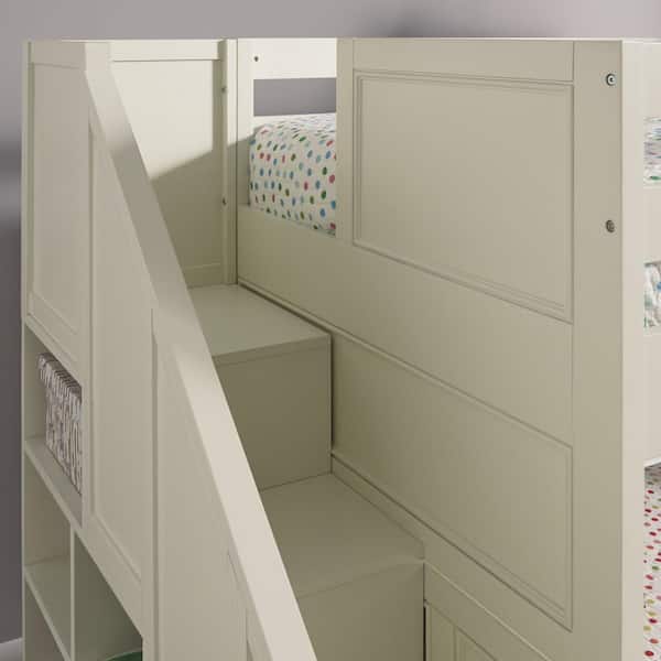 Off White Twin Over Full Bunk Bed, Naples Twin Over Full Bunk Bed With Steps And Lower Storage Drawers