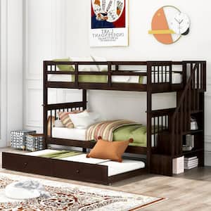 Espresso Twin-Over-Twin Stairway Bunk Bed with Trundle, Wood Kid Bunk Beds with 4 Storage Staircases and Guardrail