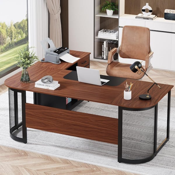 Lanita 62.9 in. L-Shaped Brown Wood 1-Drawer L Shaped Computer Desk with Cabinet