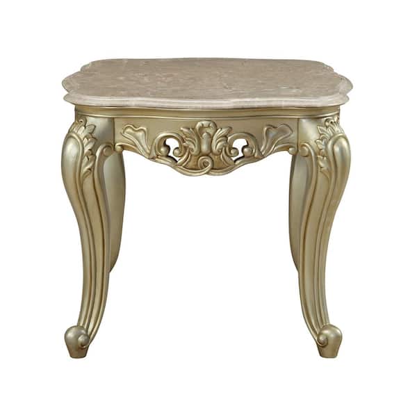 Acme Furniture Gorsedd 28 in. Marble and Antique White Square Wood End Table with Oversized Scrolled Motifs