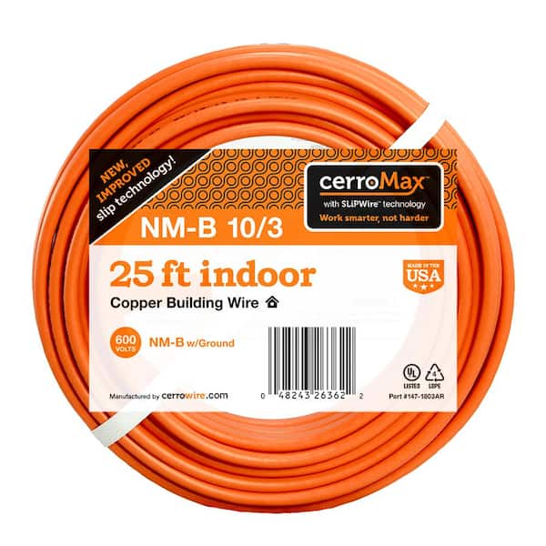 Cerrowire 25 ft. 10/3 Orange Solid CerroMax SLiPWire Copper NM-B Wire  147-1803AR - The Home Depot