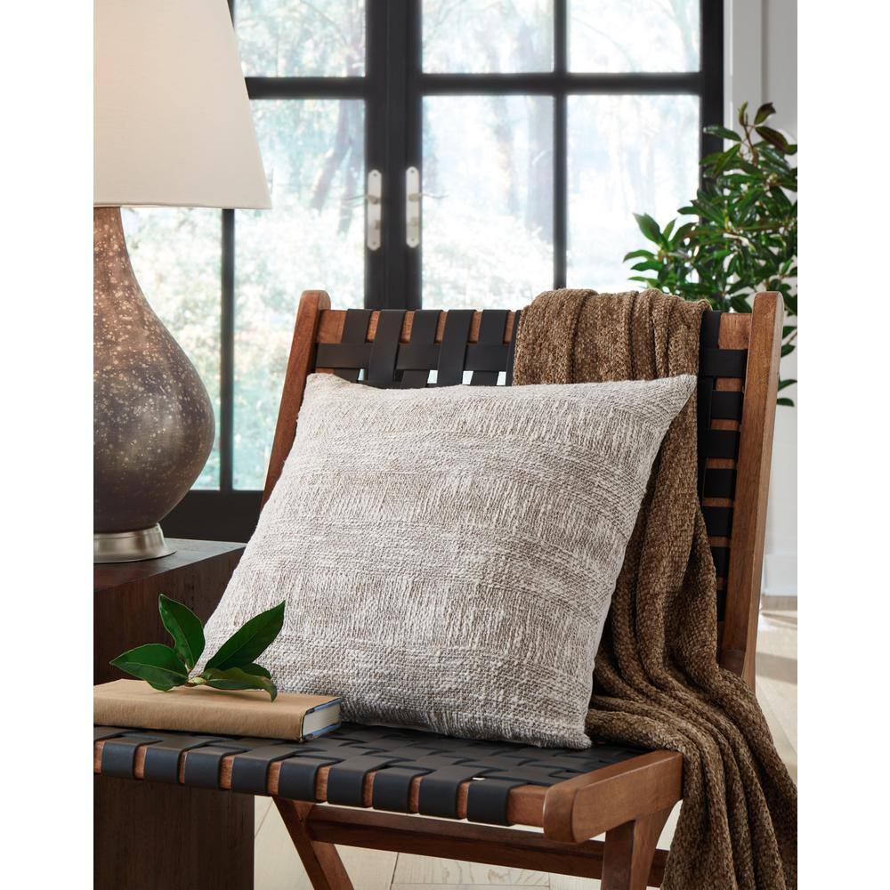 White and Light Brown Striped Woven 20" Throw Pillow