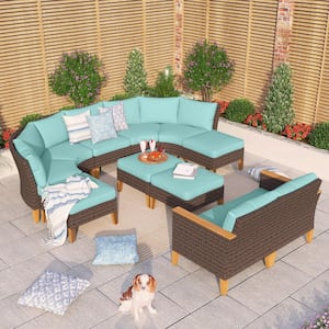 Brown Rattan Wicker 11 Seat 11-Piece Steel Patio Outdoor Sectional Set with Blue Cushions